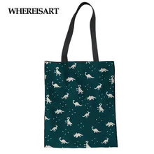 WHEREISART Женская Холщовая Сумка с рисунком динозавра, Сумка с принтом, повседневная школьная сумка для девочек, дорожная женская сумка черного цвета