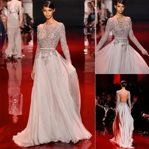 

Real photo Sheer Beaded Formal Evening Prom Dresses Pageant Party Gowns A Line Custom Size