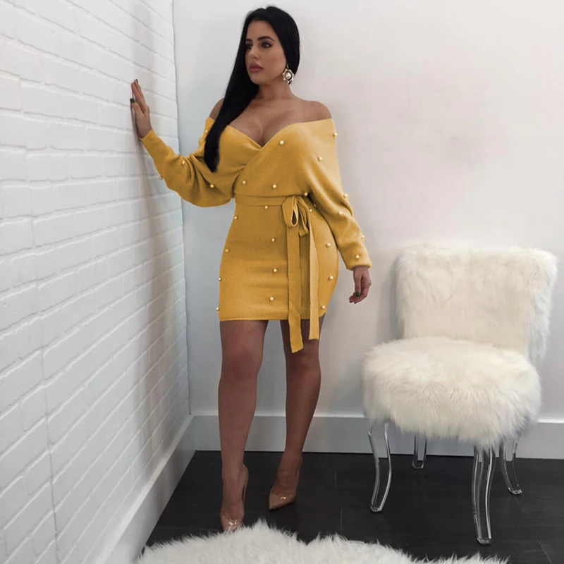 

Sexy Strapless Hip Long Sleeve Pearl Dress Mini Beading Solid Dress V Neck Autumn Casual Clothes Dresses