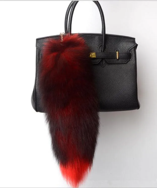 

100% Natural Large Real fox tail keychains fur Tassel Car key ring length about 40cm bag charms black red fur fox tail key chain