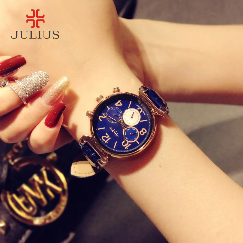 

Real Multi-functions Julius Women's Watch ISA Quartz Fashion Hours Mother-of-pearl Real Leather Auto Date Girl Birthday Gift Box