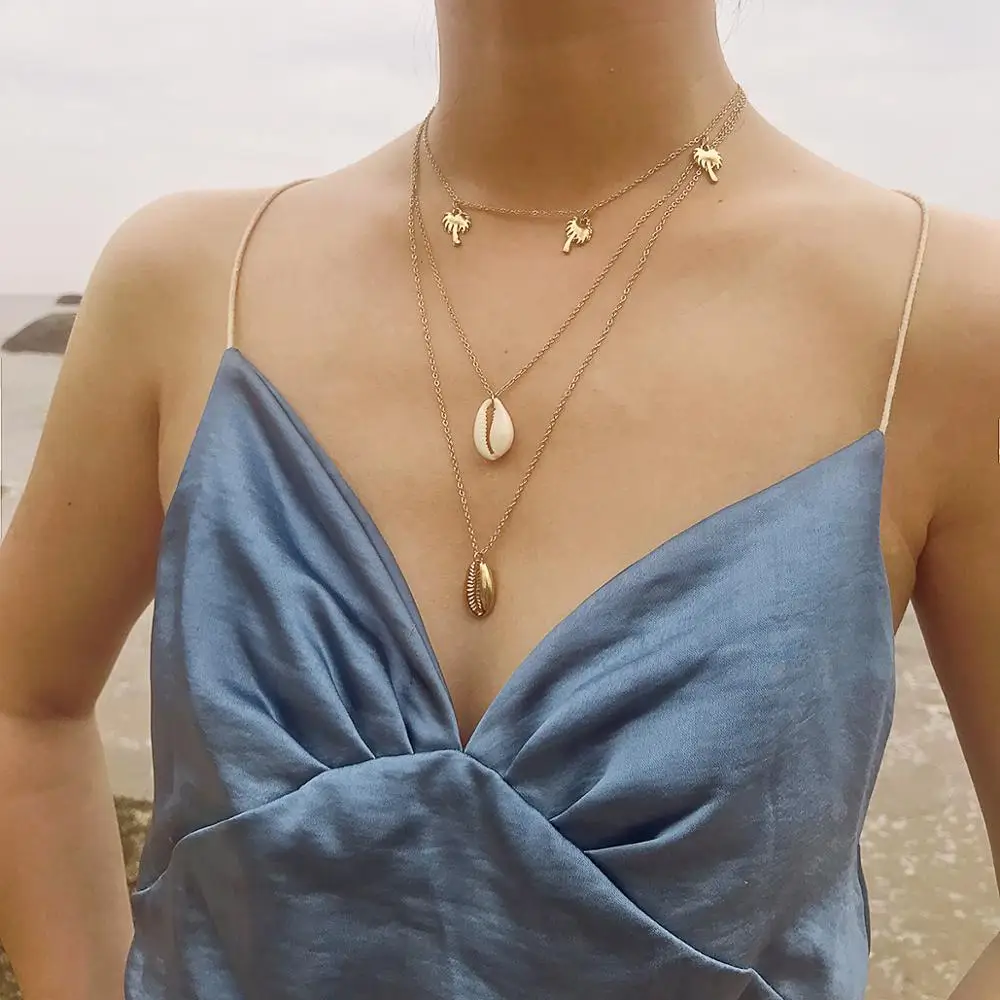 2019 Personality Fashion Wild Geometric Items Simple Coconut Tree Shell Pendant Multi-layer Necklace Female | Украшения и