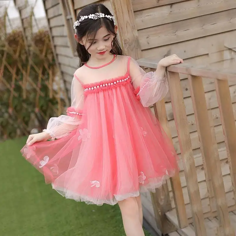 

2019 New Spring Summer Fashion Teenage Girl Mesh Pearl Princess Dress Kids Dresses For Girls Children Girl Clothing Vestido L282