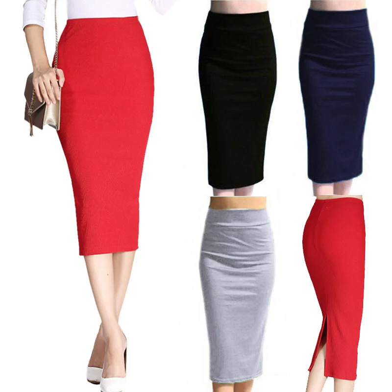 

2019 Newly Dro Autumn Winter Women Pencil Skirt High Waist Cotton Solid Color Stretch Elastic Slim Business OL Split Bodycon Skirts dg88