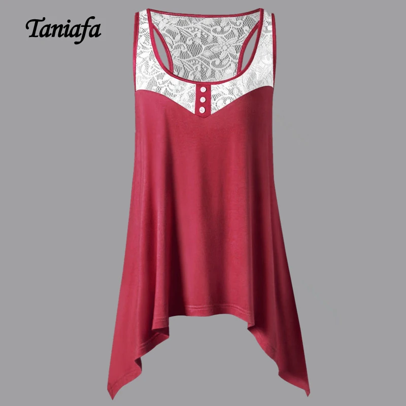 

Summer Casual Solid Color Tank Tops Lady Fashion Lace Splicing Vest Hem Irregular Tops Large Size