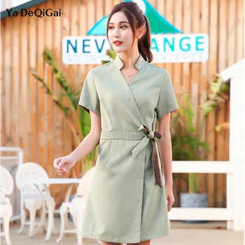 

High quality Beautician clothes Summer SPA Clothing Beauty Salon Work Uniform Hospital pharmacy V Neck Short Sleeve Nurse dress