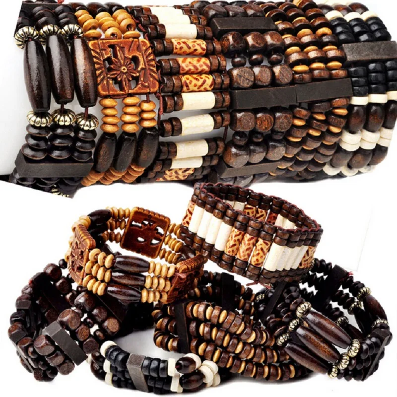 Большой 5 шт много оптом смешанные цвета деревянные бусины эластичные браслеты для женщин и мужчин модные ювелирные изделия браслет