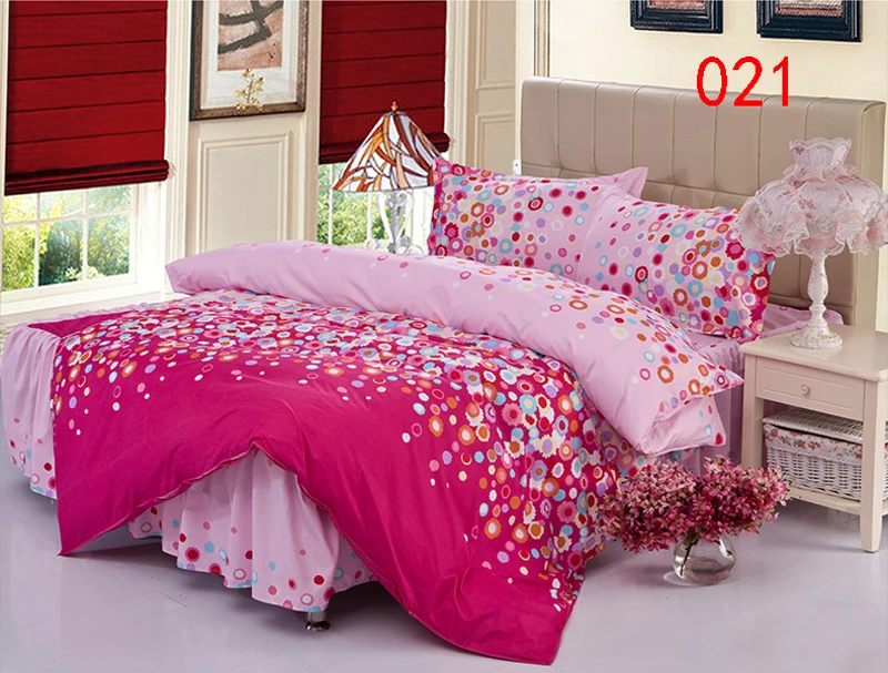 Twin Full Queen Rose Red Polyester Bed Skirt 4Pcs Bedding Set Bed Dust Ruffle Bedclothes Sets Duvet Cover Quilt Cover Pillowcase
