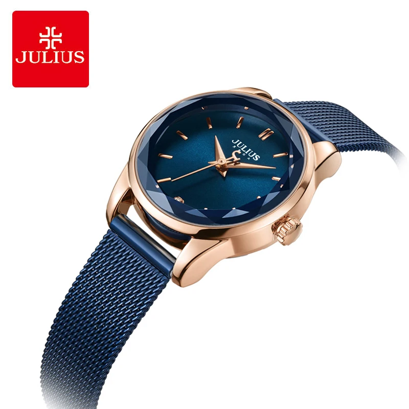 Koop Julius Rvs Mesh Horloge Vrouw Veelzijdige Snijden Stereoscopische Spiegel Quartz Horloges Armband Dress Horloges