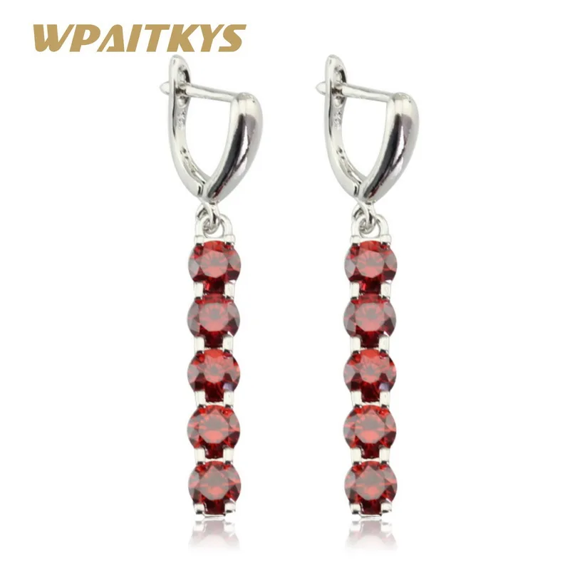 

WPAITKYS Round Red Purple Cubic Zirconia Long Earrings Silver Color Jewelry For Women Gift Free Box