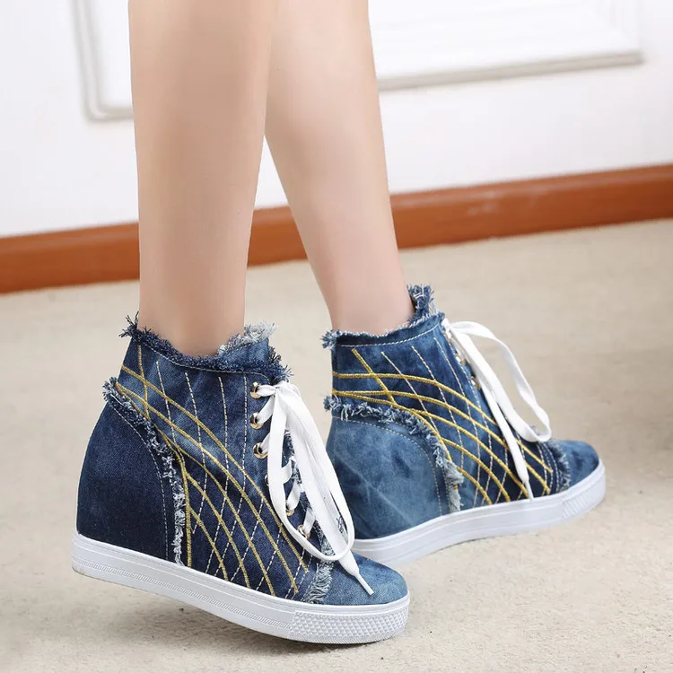 

Womens Pointed Toe High Top Wedge Heel Denim Jeans Tassels Lace Up Sneaker Hidden Heel Pumps Shoes A92