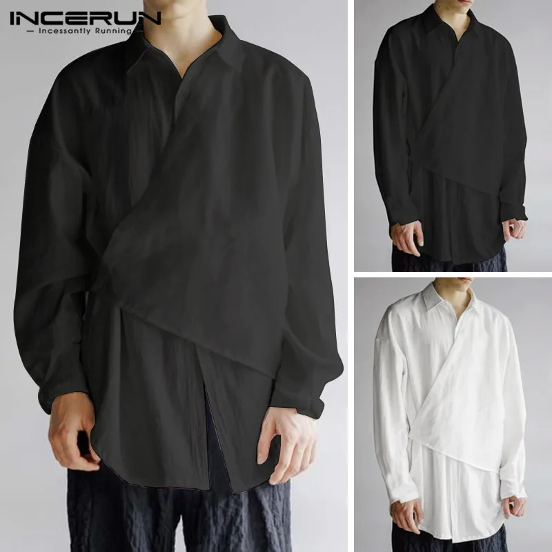 

Irregular Casual Shirt Men Hip-hop Streetwear Lapel Neck 2019 Cool Tops Solid Color Long Sleeve Fashion Brand Shirts Men INCERUN
