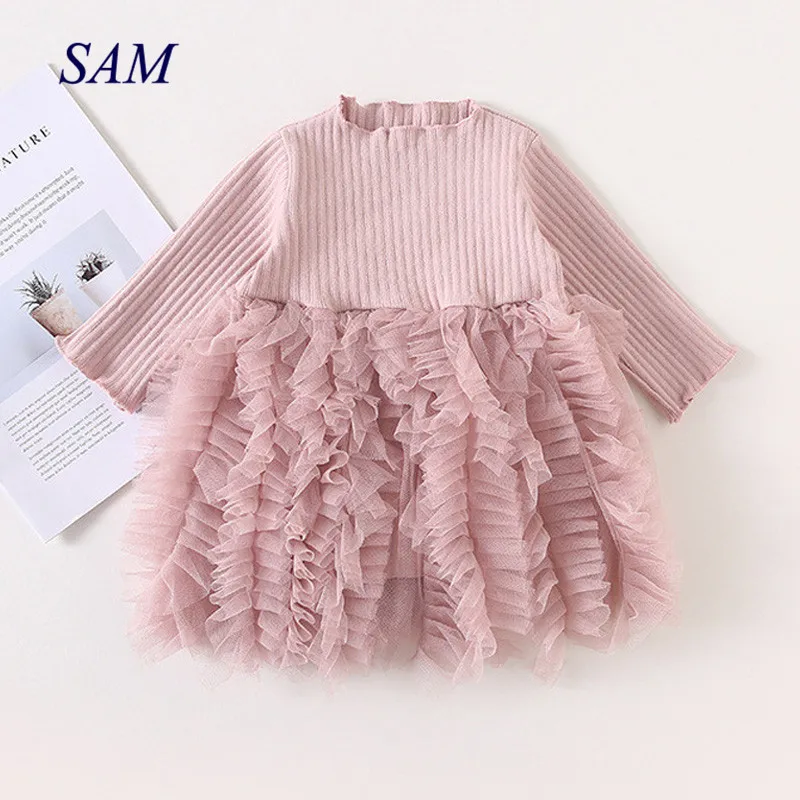 Платье для малышей одежда принцессы для девочек вязаное платье с длинными рукавами для детей от 0 до 6 лет, праздничный костюм для малышей осенняя одежда для младенцев, vestidos