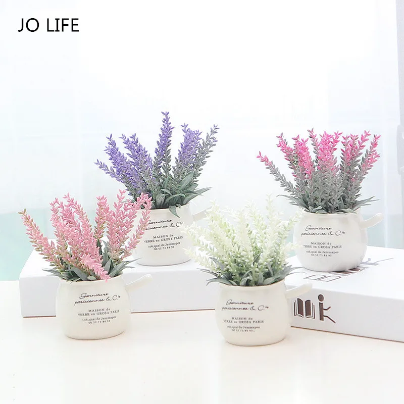 

JO LIFE Home Office Wedding Decoration Artificial Flower Bouquet Ceramic Flower Pot Mini Artificial Lavender Bonsai