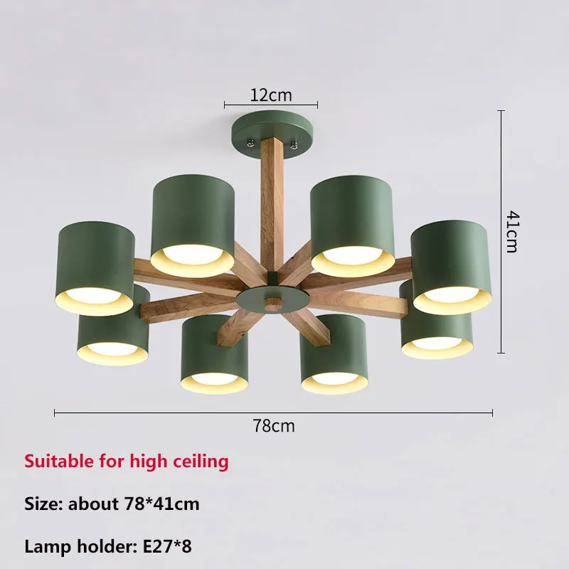 Деревянная люстра для прихожей освещение Скандинавская люстра с железным абажуром для гостиной современные деревянные люстры 90-260 в комплекте лампа - Цвет абажура: 8 light high green