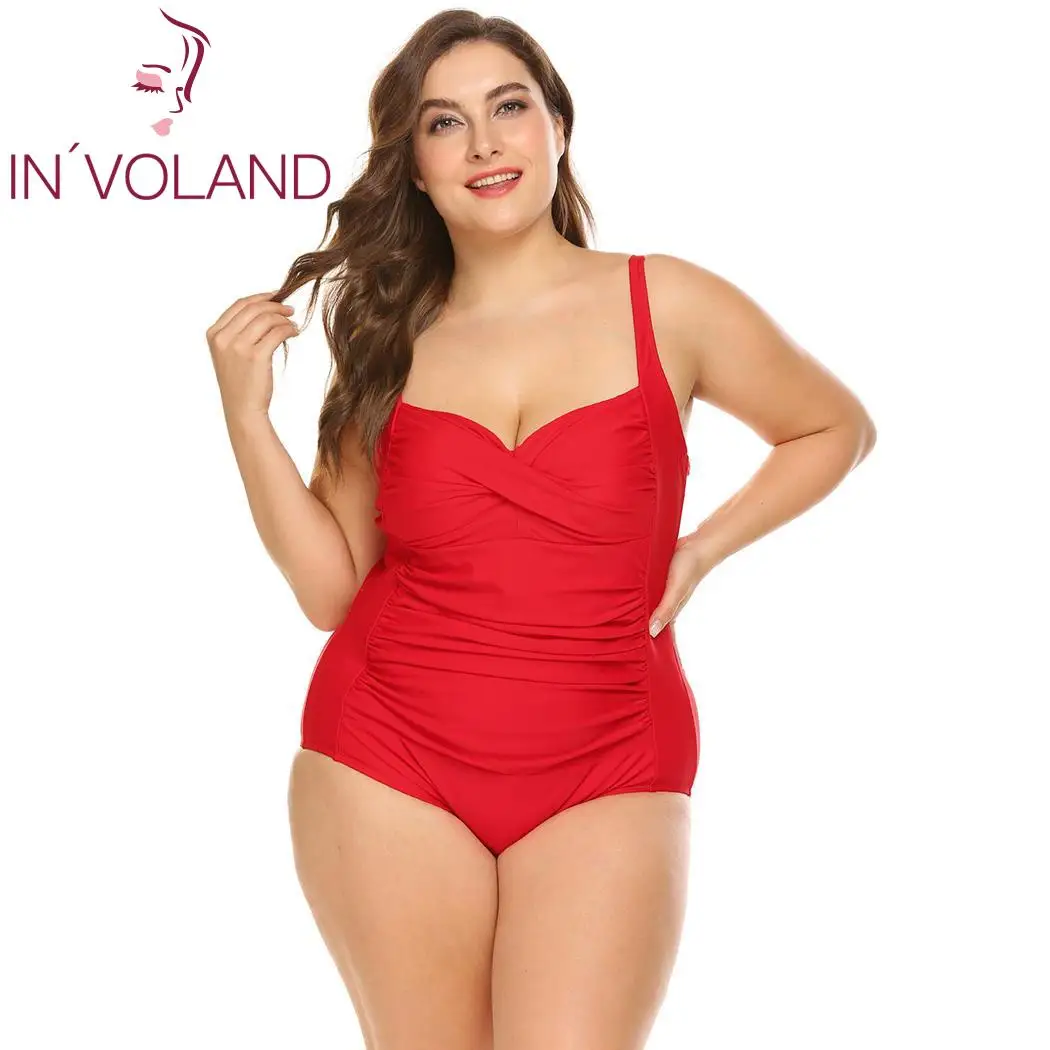

IN'VOLAND Plus Size Women One Piece Bodysuit XL-4XL Summer Swimsuit Padded Ruched Swimwear Beachwear Bathing Suit Oversized