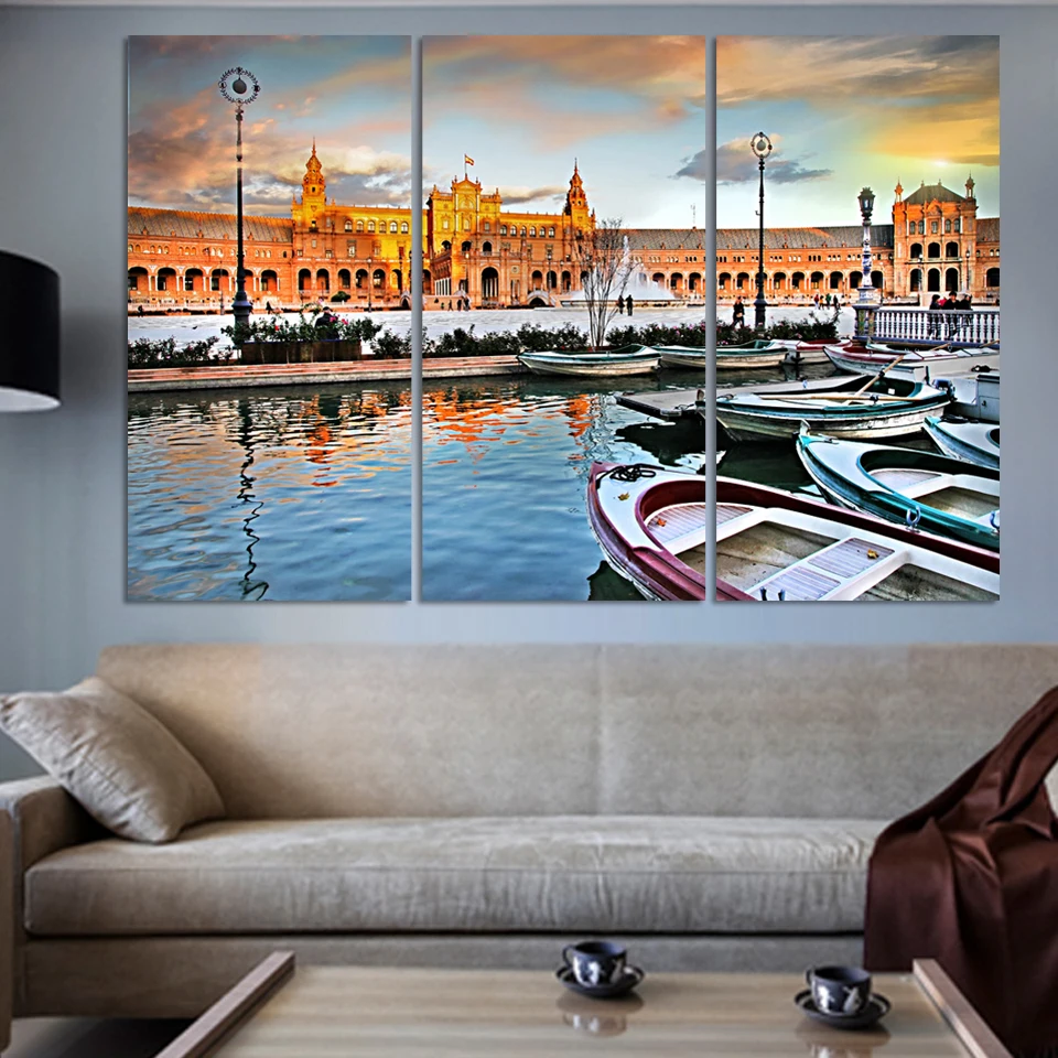 Free shipping 3panel HD printing Canvas wall pictures of Seine River boat Europe building Living Room art no frame F278 | Дом и сад