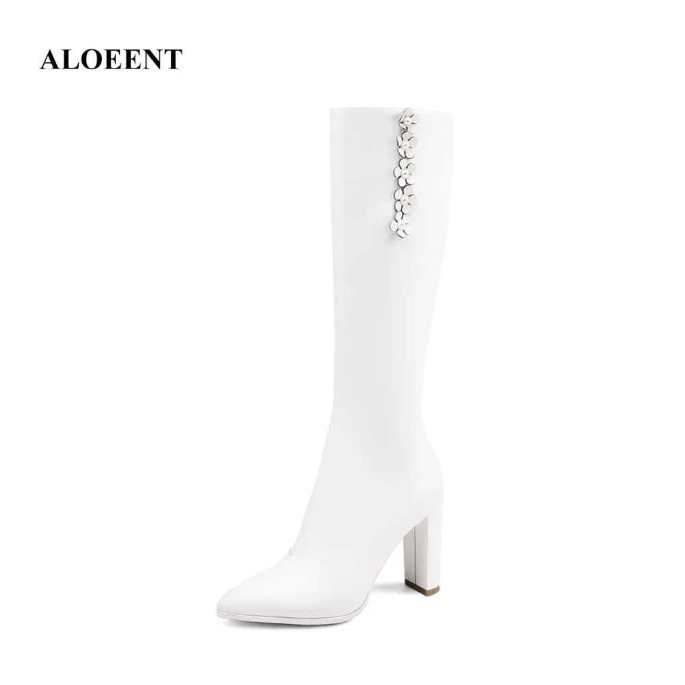 

ALOEENT Winter Genuine Leather Riding Equestrian Boots Cow Leather Fretwork Heels Pointed Toe Solid Zipper Knee-High For Women