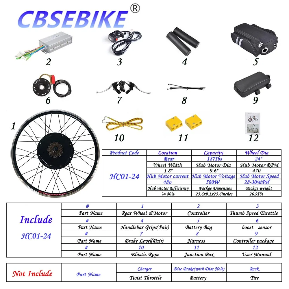 CBSEBIKE комплект для переоборудования электрического велосипеда 24 дюйма eBike для заднего колеса велосипеда мотор HC01-24 - Цвет: 24inch 48V500W  HC01