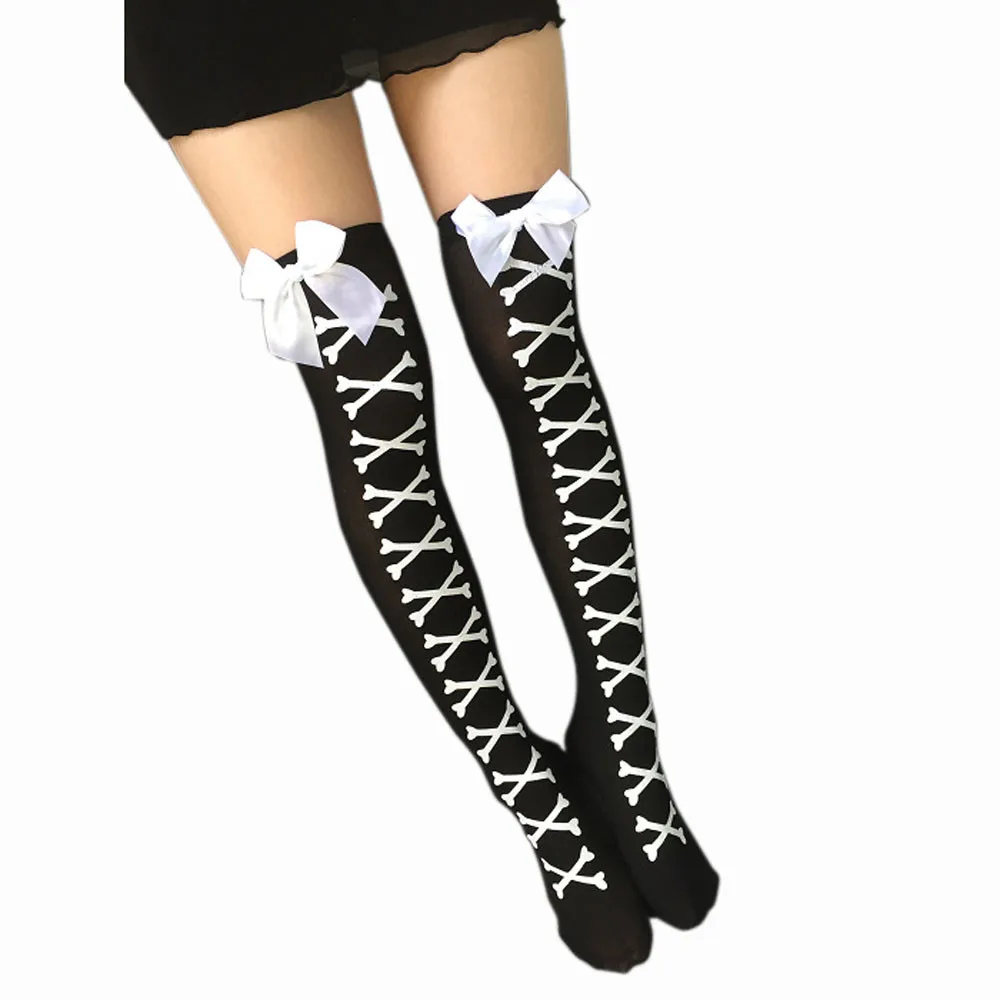 Women Long Over Knee Thigh-High Socks Sexy Skarpetki Boot Sock Bone Print Butterfly Bow Knot Meia Calzini #W
