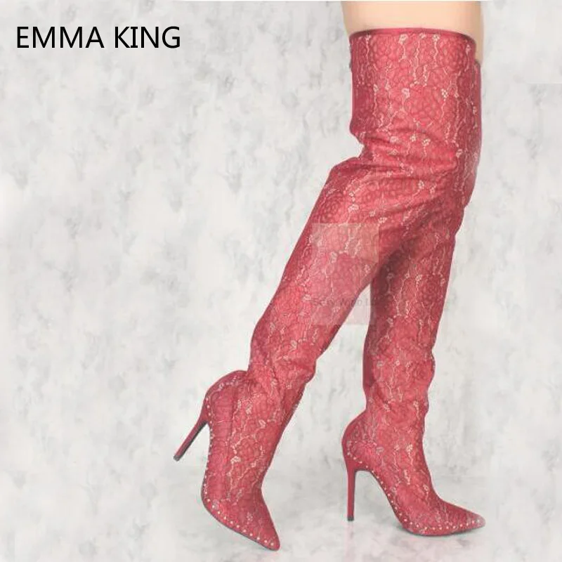 

New Women Lace Over The Knee Boots Red Mesh Embroidered Pointed Toe Stiletto High Heels Zip Stretch Thigh High Boots For Ladies