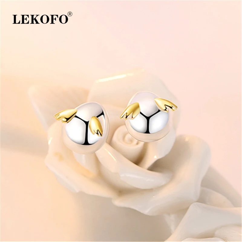

LEKOFO Fashion Jewelry Angel Egg Earrings Korean Cute Mini Small 925 Sterling Silver Stud Earrings For W