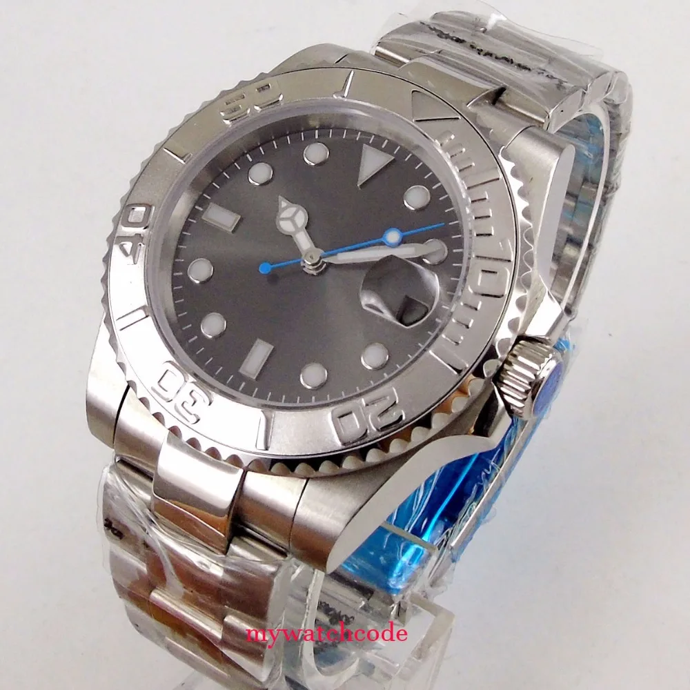 BLIGER SUB Sunburst Grey NH35 PT5000 Automatic Watch Men Blue Hand Rotating Bezel Middle Polish Band Professional Clock аэрозольная краска molotow premium belton 400 мл 226 grey blue middle