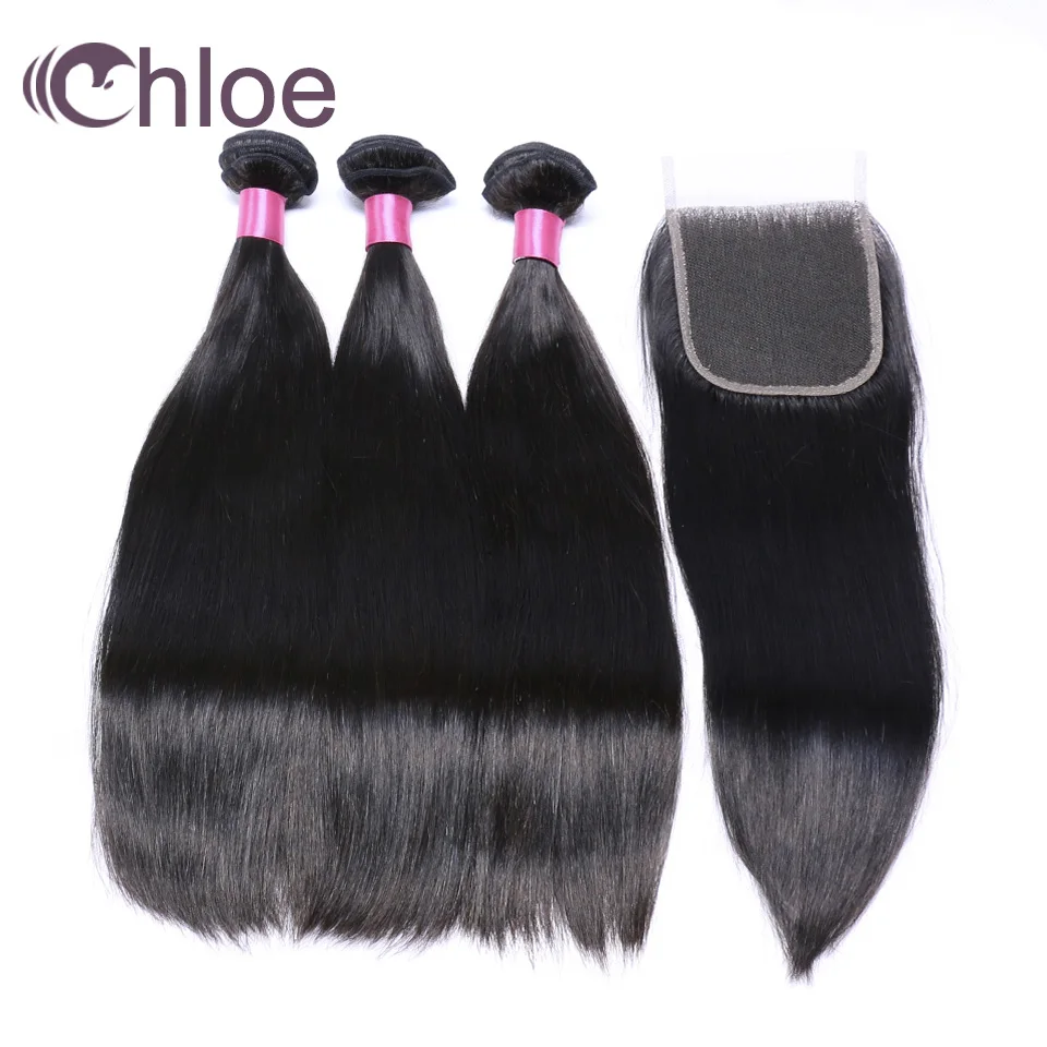 

Chloe Hair Brazilian Straight Hair Bundles With Closure 3 Bundles with Closure 4*4 Free Part Swiss Lace Remy Hair Extension