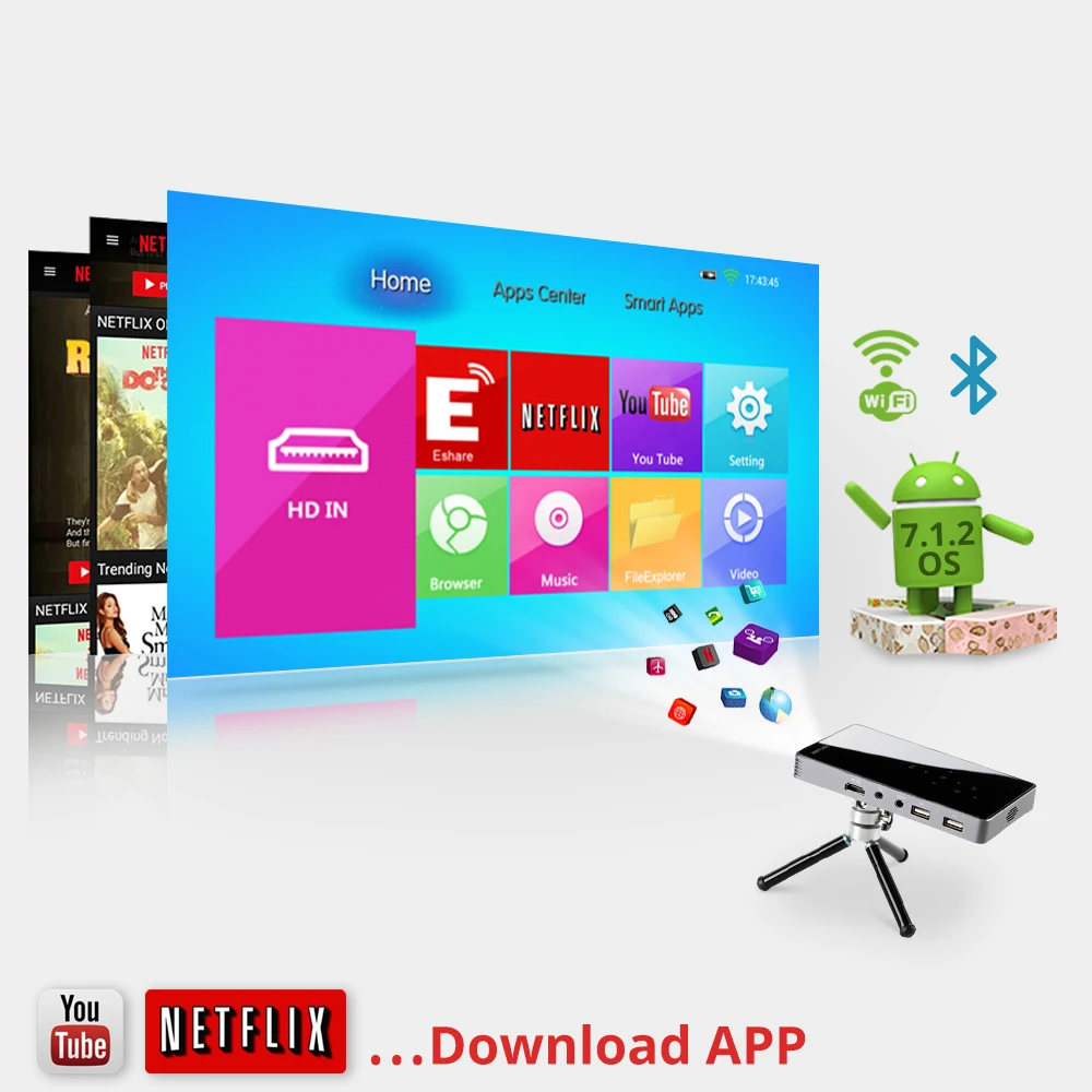 BYINTEK UFO P8I الروبوت 7.1 OS بيكو جيب HD المحمولة مايكرو WIFI بلوتوث البسيطة LED DLP العارض مع البطارية