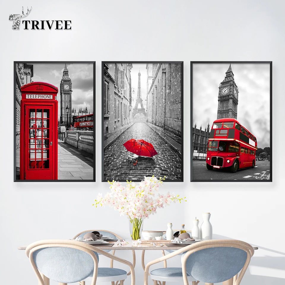 

Building Landscape Canvas Print Painting Nordic Poster Red Bus Decor London Print Wall Picture Living Room Decor Home Decor