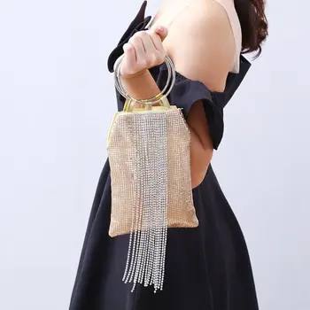 

Ring Handle Rhinestone Tassels Tote Handbag Cocktail Party Wedding Clutch Metal Mesh Evening Bag