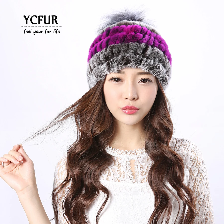 YC Fur Модные женские зимние шапки мягкие теплые вязаные шапки из меха кролика рекс с серебристой лисой меховой помпон шапка бини Женская