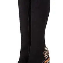 Очаровательные женские новая мода круглый носок черная замша кожа горный хрусталь толстый каблук сапоги до колена Blingbling Вернуться ботинки с высоким голенищем