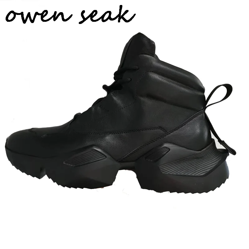 

Owen Seak Men Ankle Boots Genuine Leather Height Increasing Luxury Lace Up Trainers Snow Boots Casual Flats Black White Shoes