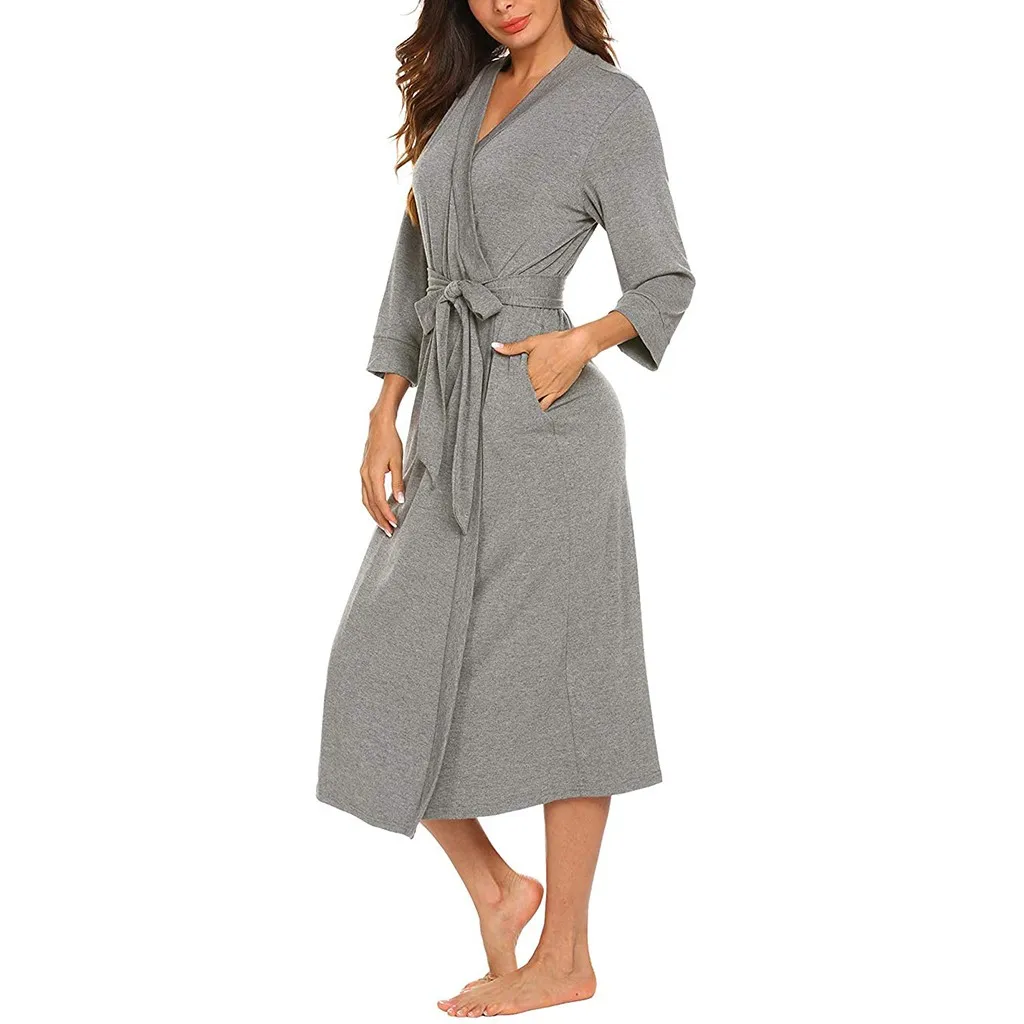 MUQGEW women nightwear sexy long bathrobe cotton Women's 4/3 Sleeve V-neck Lightweight With Belt Long Robe Bathrobe Sleepwear#g3