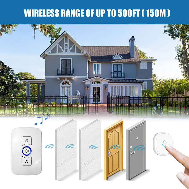 Fuers Home Security Welcome Wireless Doorbell Smart Chimes Doorbell Alarm LED light 32 Songs with Waterproof Touch Button