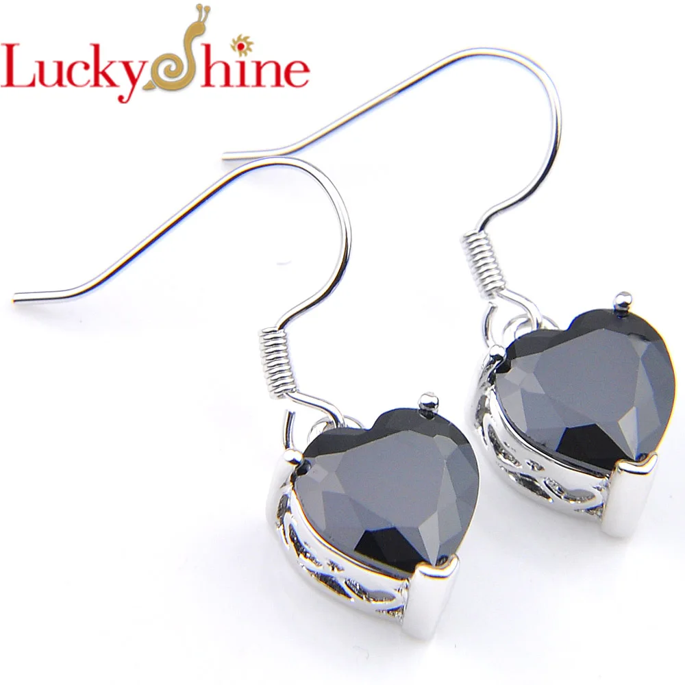 LuckyShine женские серьги в форме сердца черный кристалл оникс циркония серебряные