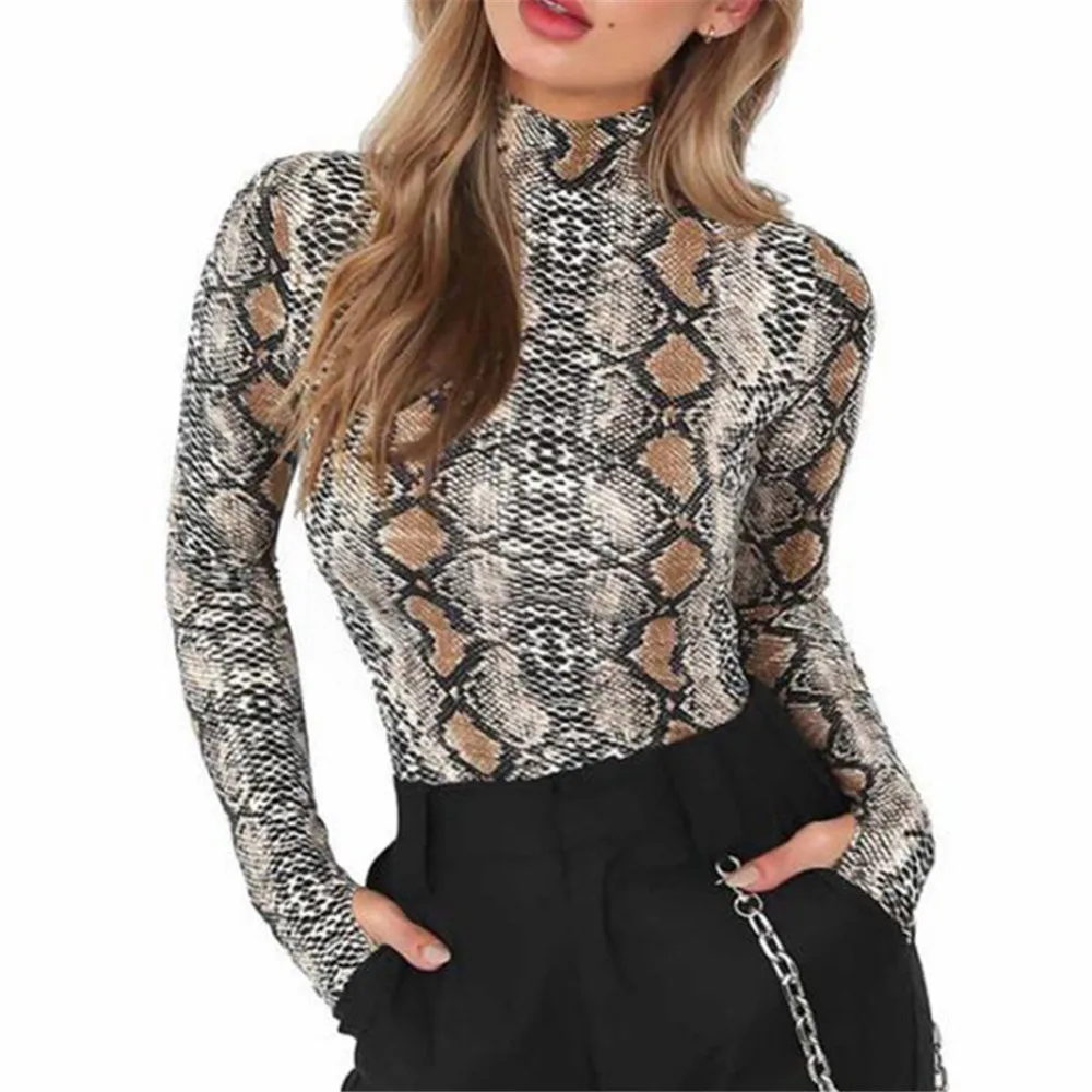 Змеиной кожи Водолазка с длинным рукавом боди Сексуальная Bodycon Модный комбинезон