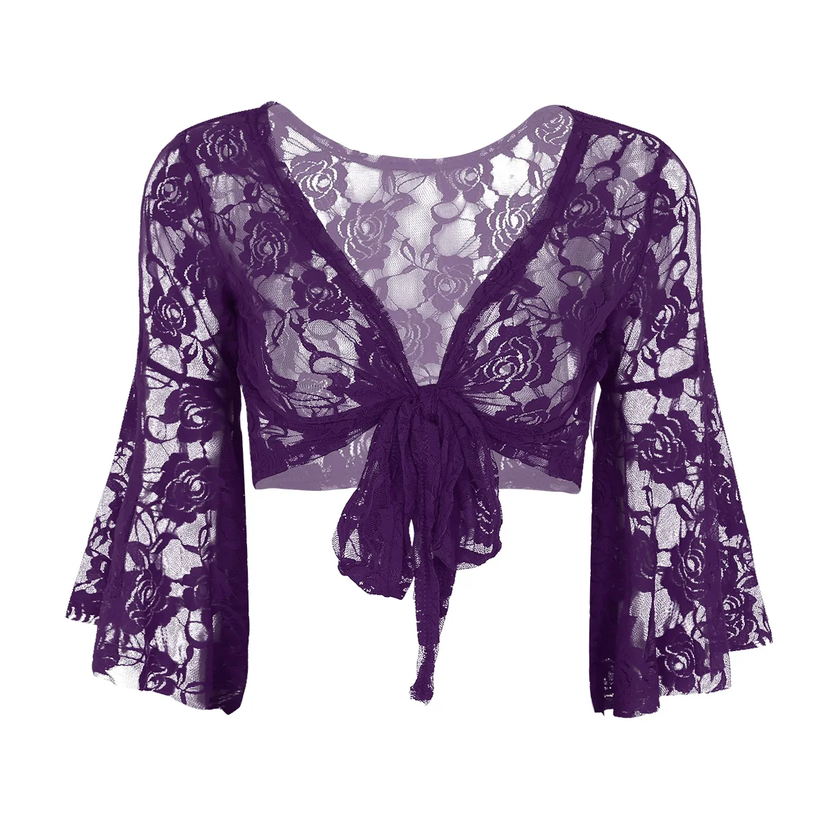 Elegant Women Long Flare Sleeve Floral Lace Shrug Wedding Bridal Summer Jacket Cape Fashion Cover Up Open Front Cardigan Wraps - Цвет: Purple