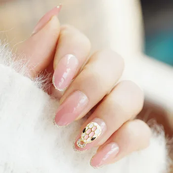 

Gradient Pink Gold Wire Side False Nails 24pcs Full Cover Round With Glue Sweet Jump Color Nail Tips DIY Artificial Nail