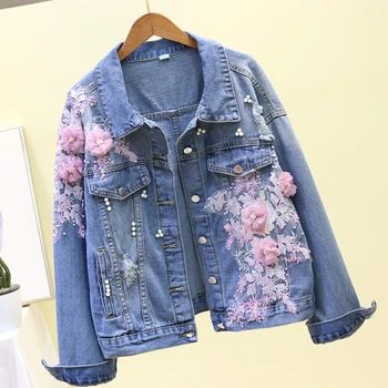 

Spring Autumn 2019 New Embroidery Three-dimensional Flower Holes Cowboy Jacket Women Short Jacket Student Jeans Jackets Coats