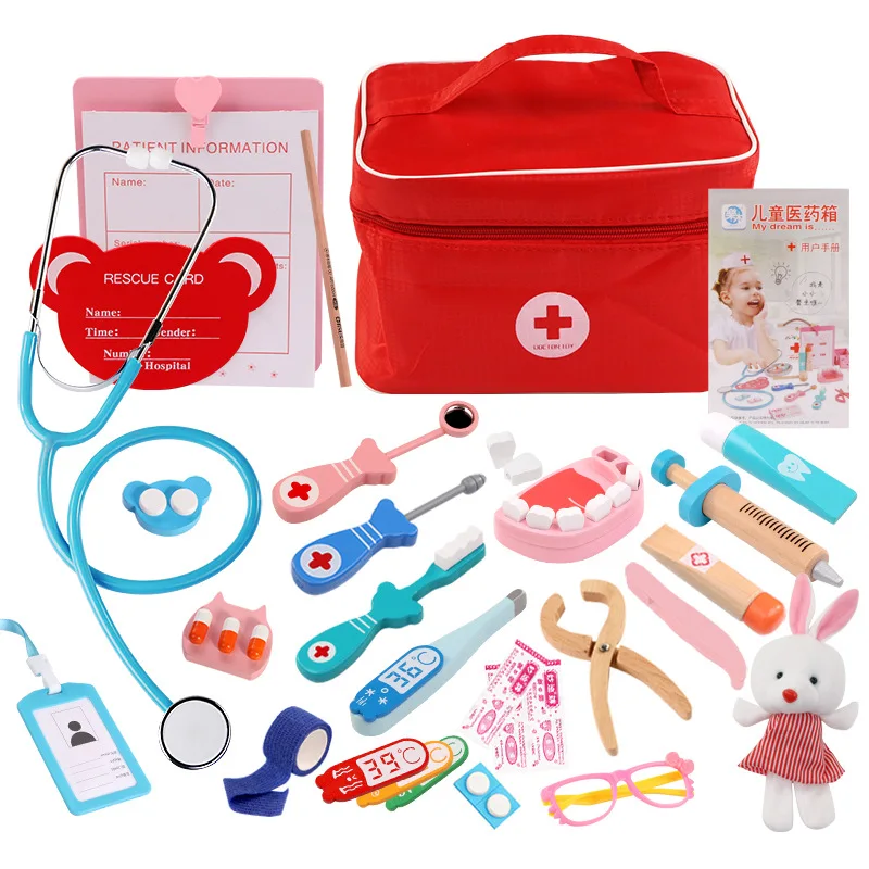 

Cosplay Pretend Doctor Toy Set Nurse Injection Tool Wooden Simulation Medicine Chest Kits Study Gift Case Role Play Kids Girls