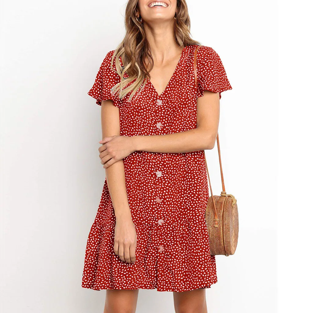 

Feitong Women Dress Button Printing Ruffles Short Dresses Female V Neck Sleeveless Mini Beach Party Dress Sundress Vestidos 2019