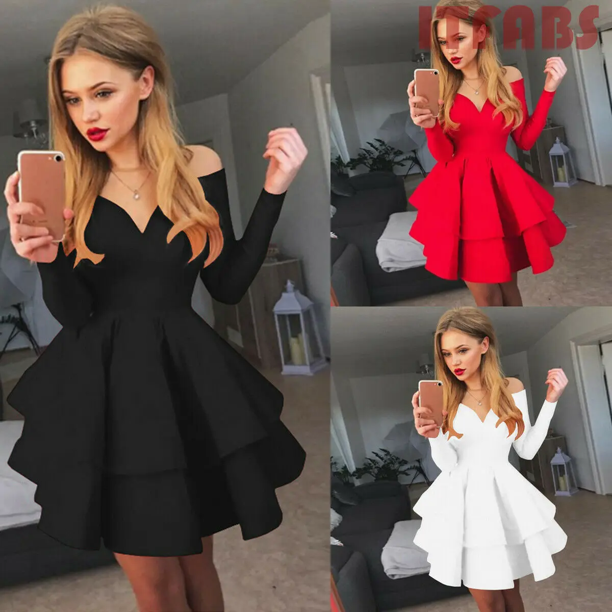 

Women Sexy off the Shoulder Solid Two Layers Short Dress Elastic Waist Long Sleeve V Neck Evening Party Mini Ball Gown Vestidos