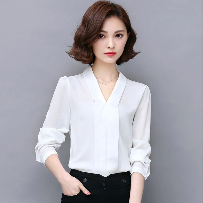 Autumn Korean Style Vogue Women Chiffon Blouses V-Neck Long Sleeve Off White Office Elegant Lady Tops Blusas Femininas Plus Size Blouses