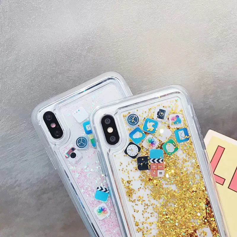 DISCASE Luxury Glitter Phone Case For iphone XS XR XS MAX Cute Liquid Quicksand Icon For iphone X 6 6s 8 7 plus Back Case Cover