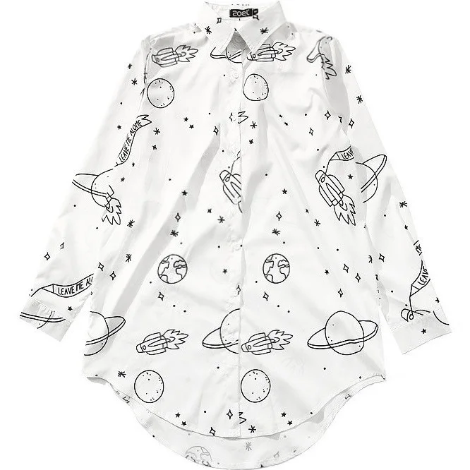 

Women Chiffon Blouse 2018 Spring Summer New lovely Cartoon Print Loose Long Sleeve Shirt for Girls Oversized Top White Plus Size