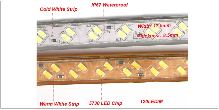 Светодиодный IP67 Светодиодная лента 220 В 5630/5730 120 светодиодный/м водонепроницаемая гибкая лампа замена T5 Real 10 Вт/м с вилкой EU/US теплый/холодный белый