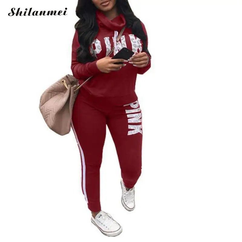 

2Pcs Pink Sportswear Set Tracksuit Women Autumn Winter High Neck Feminino Plus Size Sweatshirt Set Women Suit 2018 Sweatshirt