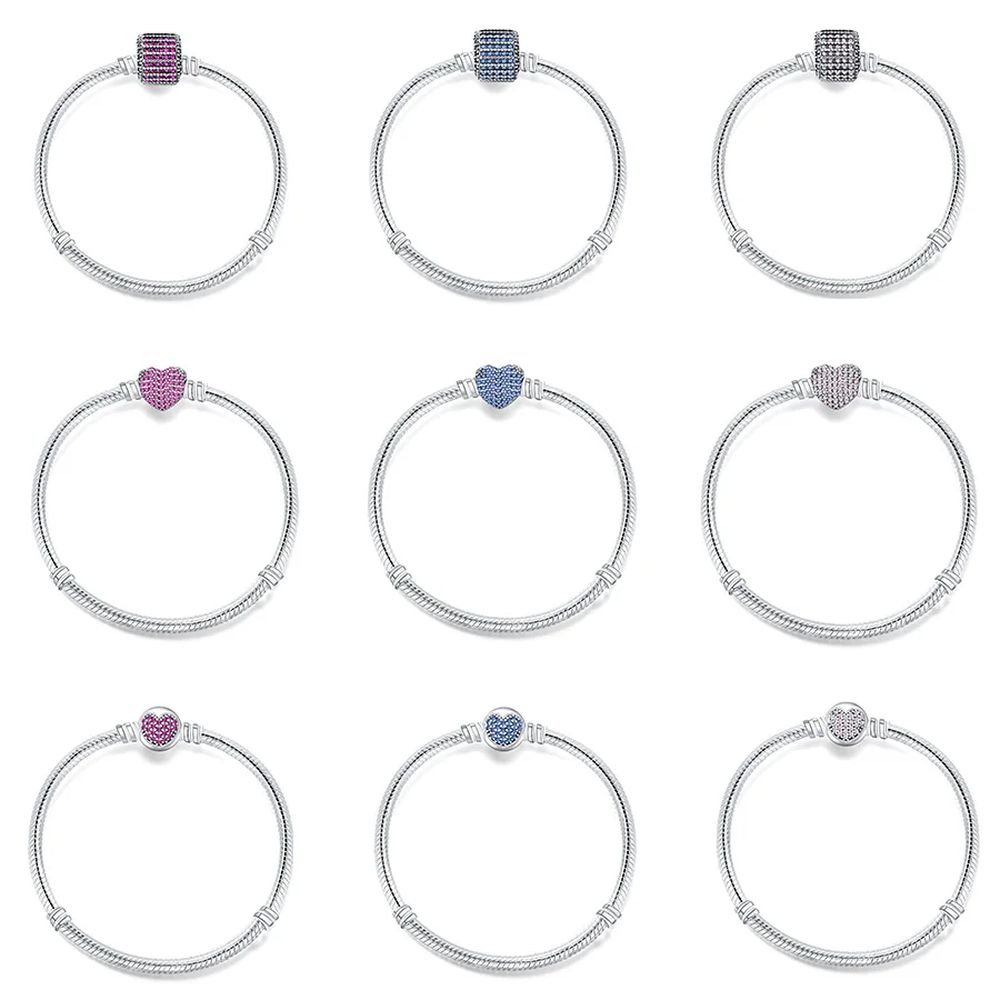 

925 Sterling Silver Snake Chain Basic Bracelets Charms Heart Clip Blue Pink Purple Crystal Clasp Fit Women Diy Bracelets